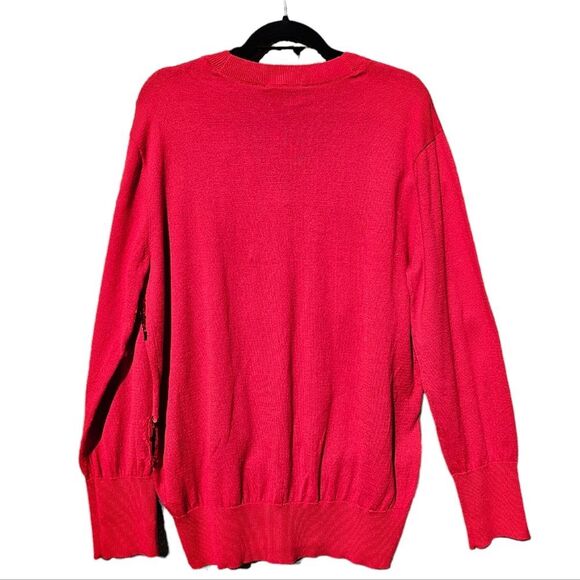 DKNY Red V Neck‎ Sequin Blouson Christmas Sweater NWT Large - Picture 3 of 9